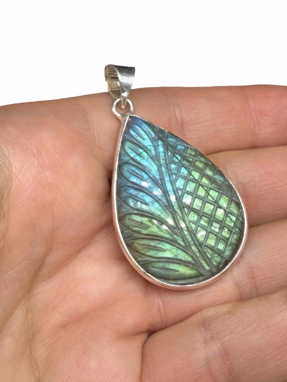 Carved Labradorite Necklace Pendant 925 Sterling Silver Overlay